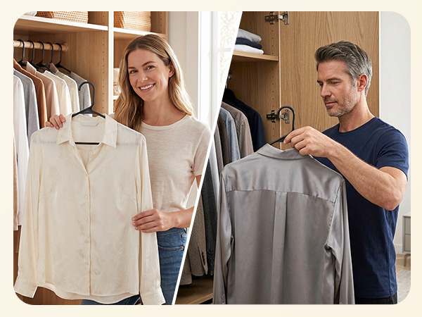 Woman in casual outfit organizing her closet with black plastic hangers. She easily places a blouse.