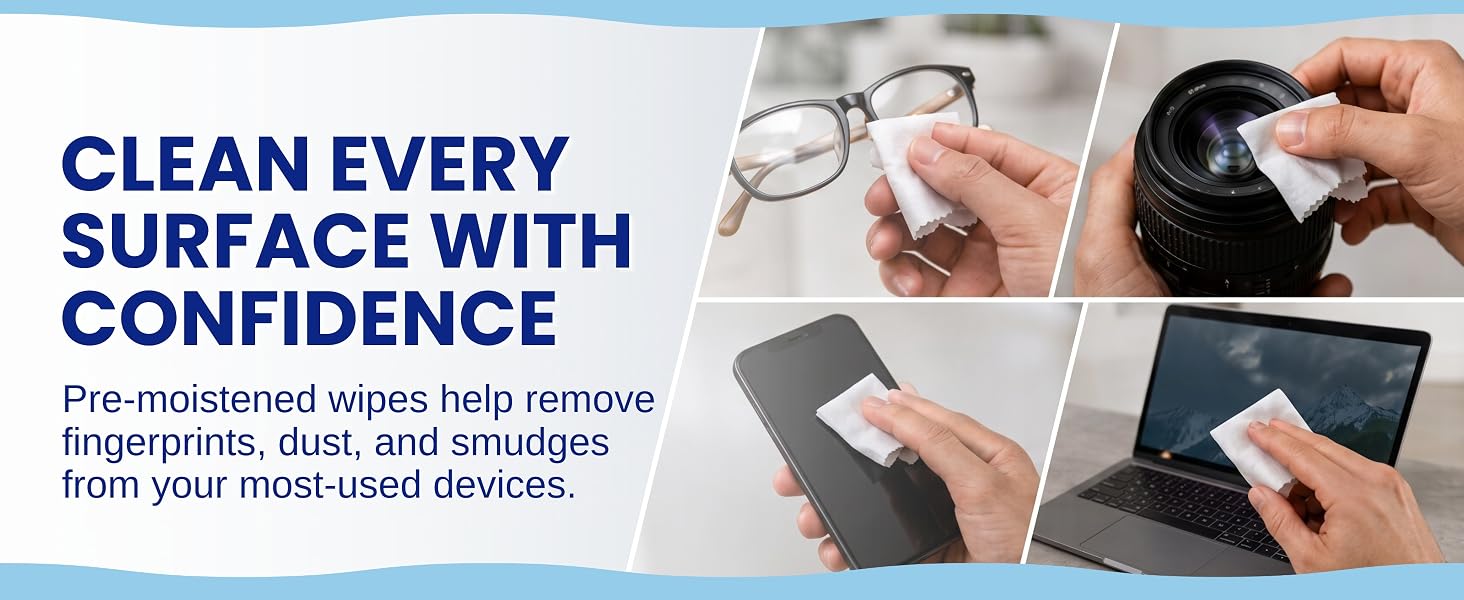 Lens and Screen Cleaning Wipes for Eyeglasses, Touch Screens, Cameras, Anti-Fog,