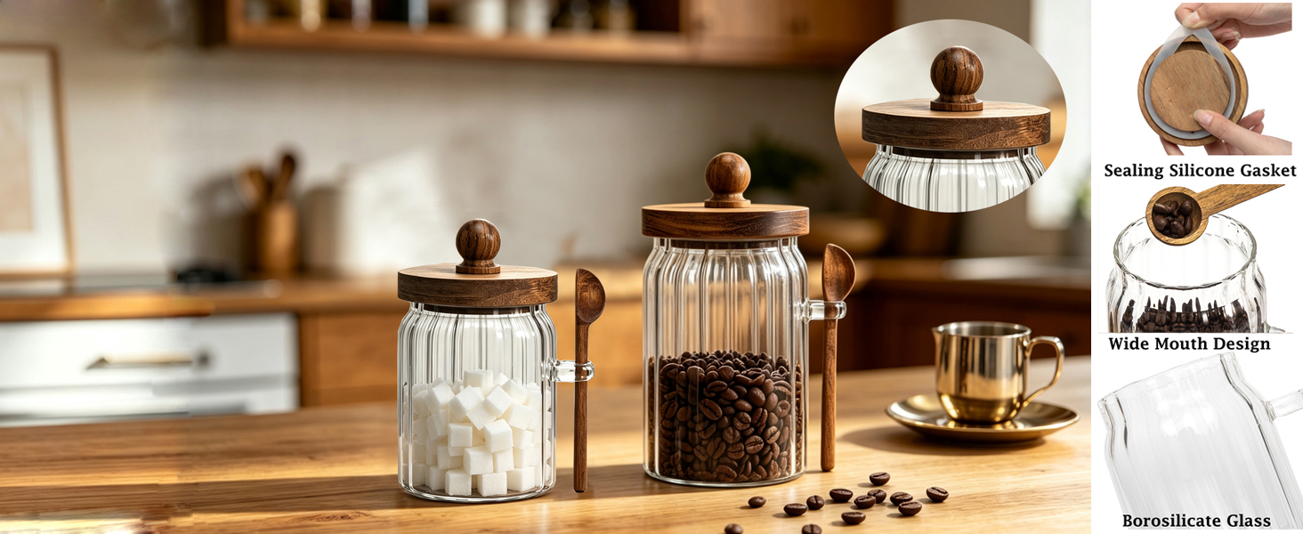 Steviieden Glass Jar with Wooden Lids and Spoon