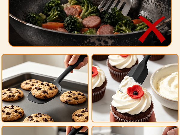 Silicone spatula spreads toast frosting, cakes, and stirs fried rice