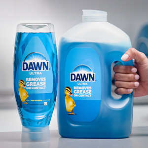 Product shot of a bottle of Dawn Ultra and a Dawn Ultra Refill Jug.