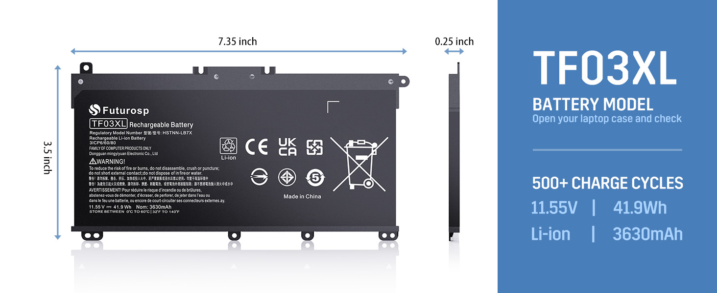 11.55V 41.9Wh 3630Wh up to 500+ charge cycles