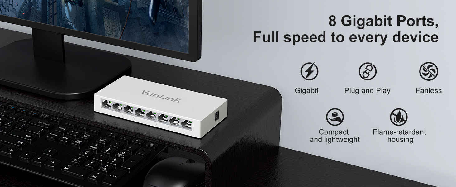 VunLink 8-Port Gigabit Unmanaged Ethernet Switch