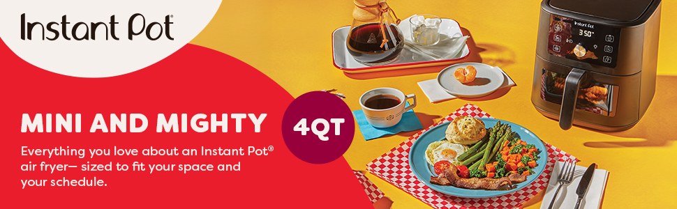 Instant pot air fryer on a yellow background with american breakfast