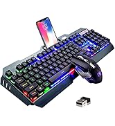 Wireless Gaming Keyboard and Mouse,Rainbow Backlit Rechargeable Keyboard with 3800mAh Battery Met...