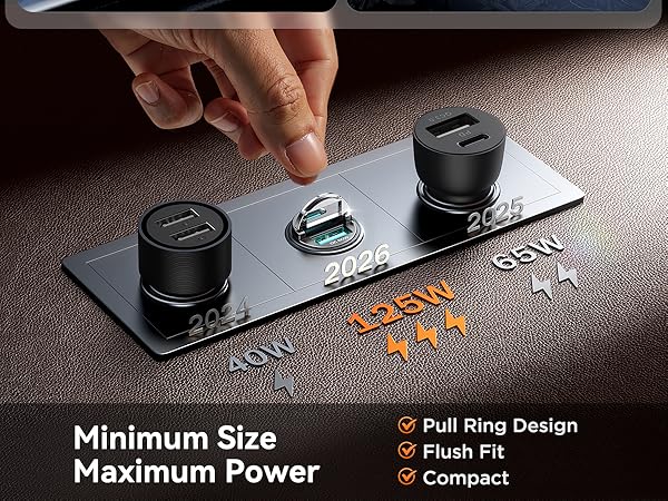 fast car charger fetures pull ring, flush fit, and compact design. Mini size and maximum power!
