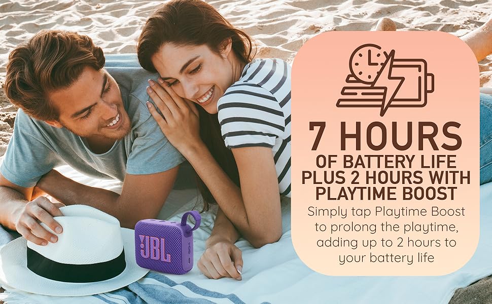 JBL speaker on the beach with a couple lying on a blanket, highlighting 7 hours of battery life.