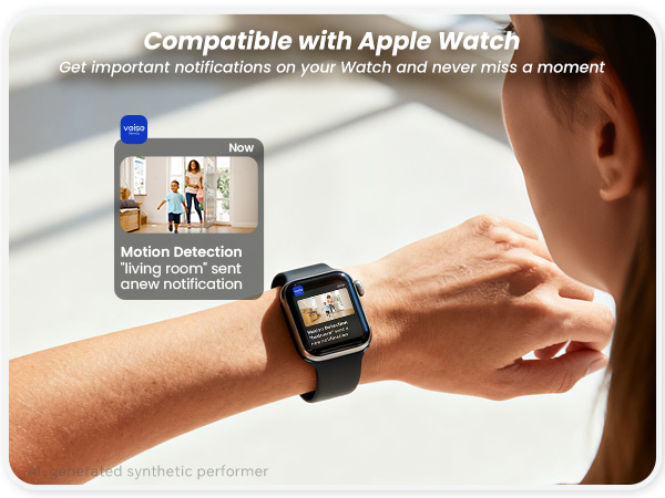 Person wearing an Apple Watch displaying a camera motion detection notification from a living room.