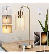 Gold Table Lamp with USB Port, 3 Way Dimmable Touch Control Bedside Lamp, Modern Nightstand Lamp ...