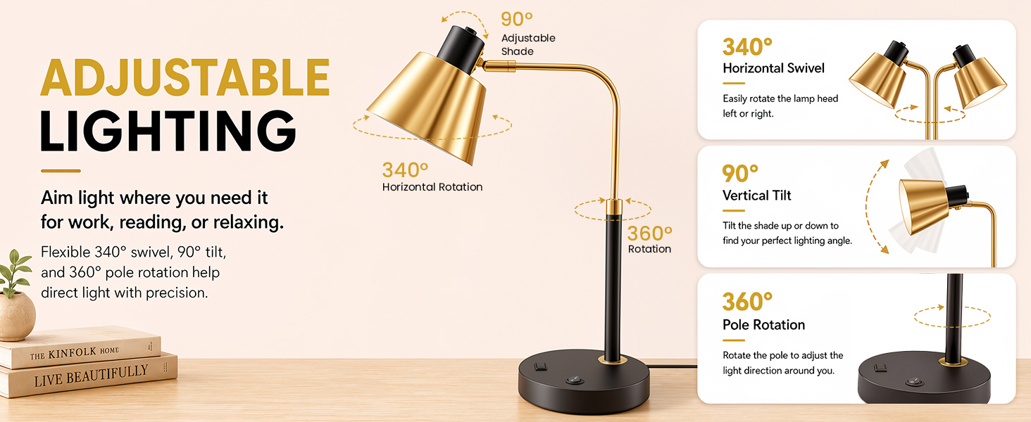 Metal desk lamp with multi-angle adjustable lamp head for reading and working
