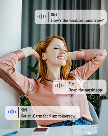 Text reads 'PORTABLE DESIGN'. Series of images showing someone interacting with what appears to be smart device or assistant technology in different settings.