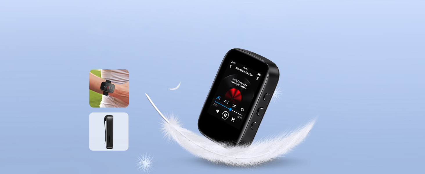 Small black electronic device with digital display, shown floating on a blue background with smaller product images.