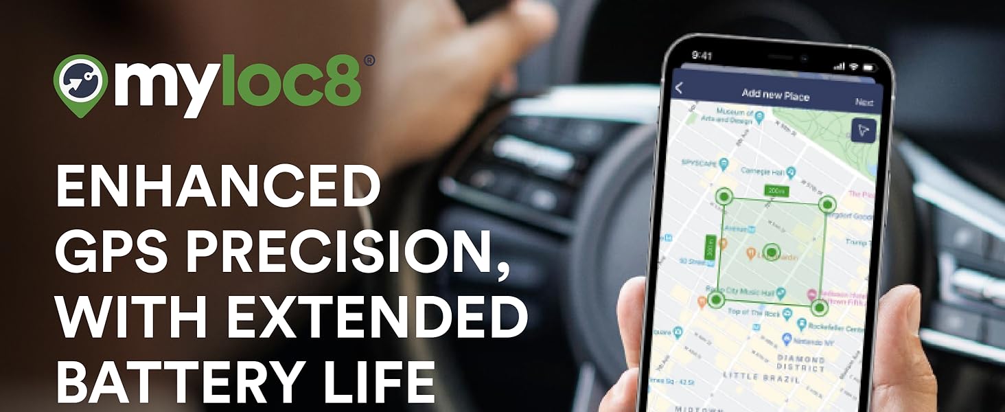 mobile phone showing myloc8 tracking app location and geofence area with man holding small tracker