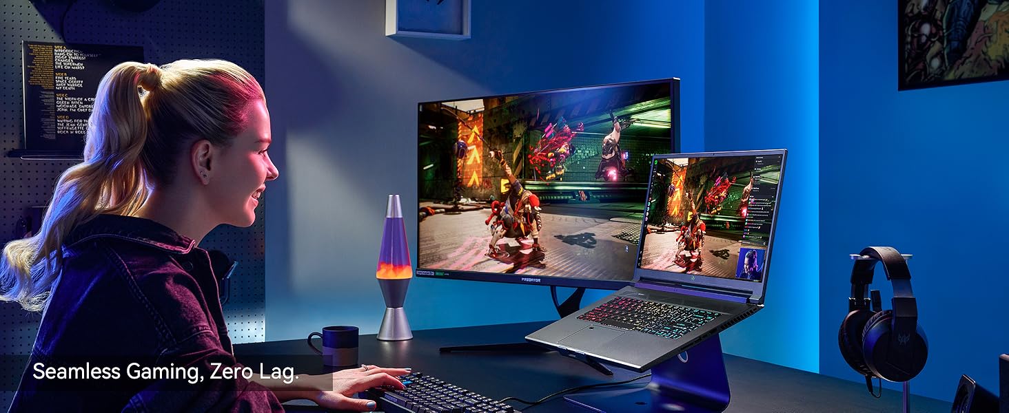 Gaming setup in dark room with blue ambient lighting, showing multiple monitors, gaming peripherals, and RGB lighting effects.