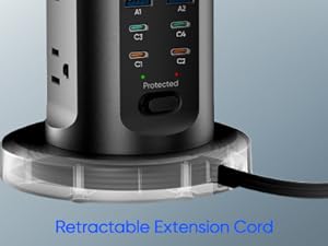 The power strip features a 6ft retractable extension cord.