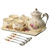 YOLIFE Porcelain Tea Set, Vintage Flowering Shrubs Teapot and Cups Set for Tea Party, Birthday Gi...