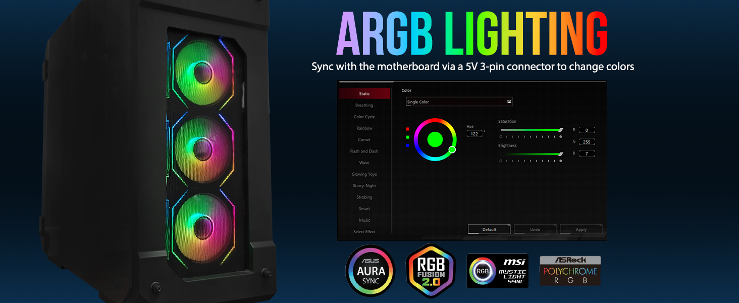 KWI-FAN01 ARGB Lighting sync with the motherboard via a 5V 3pin connector to change colors