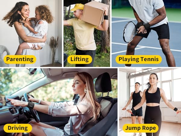 Composite image showcasing five activities: parenting, lifting a box, playing tennis, driving a car, and jumping rope. Each panel depicts a person engaged in the labeled activity.