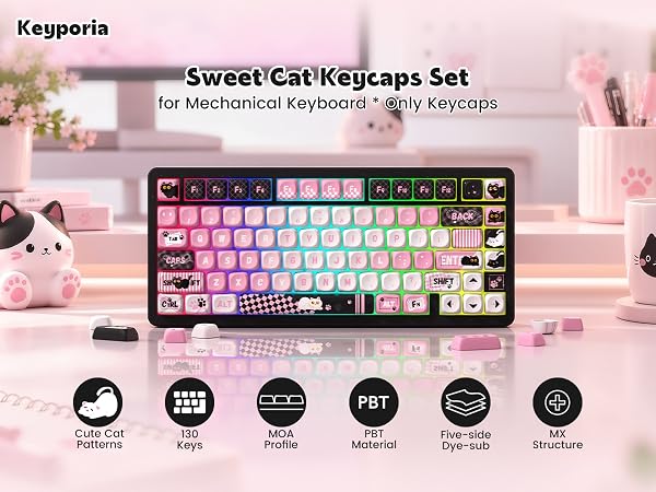Keyporia Keycap Set - Sweet Cat, MOA Profile 5-Side Dye-sub PBT Key caps