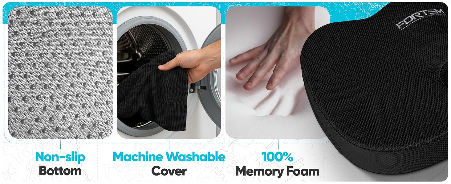 Seat cushion features removable cover and is breathable, machine washable. perfect for driving