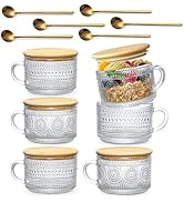 DOPUDO 6pcs Vintage Coffee Mugs 14oz, Overnight Oats Containers with Bamboo Lids and Spoons - Cle...