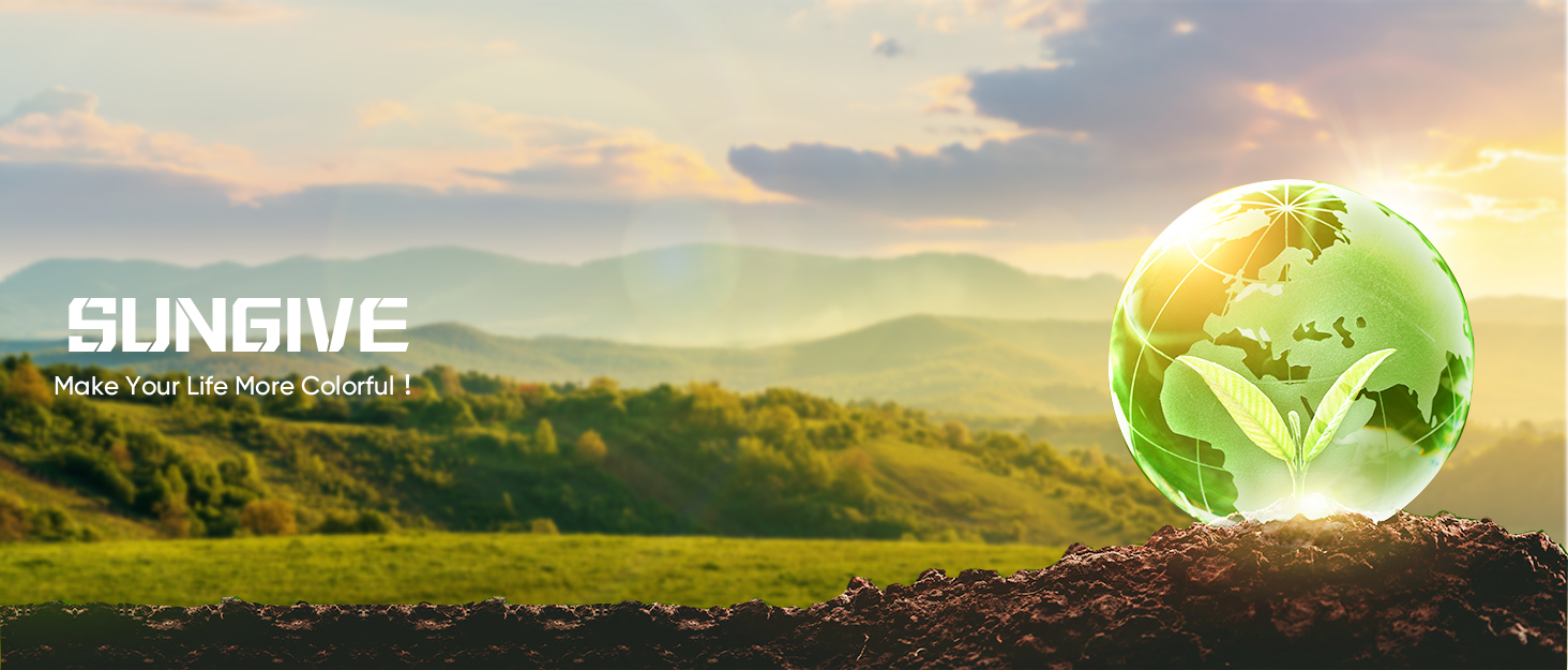 Scenic landscape with green hills under sunset sky. Transparent green globe hovers over ground, with 'SUNGIVE' text overlay.