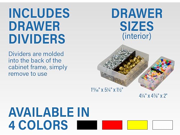 Some drawer dividers are included, cabinets available in black, red, yellow, white.
