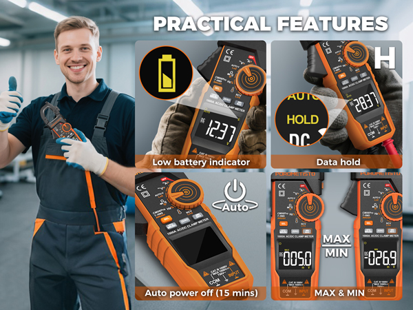 PRACTICAL FEATURES: Low battery indicator, Data hold, MAX &amp;amp; MIN, Auto power off