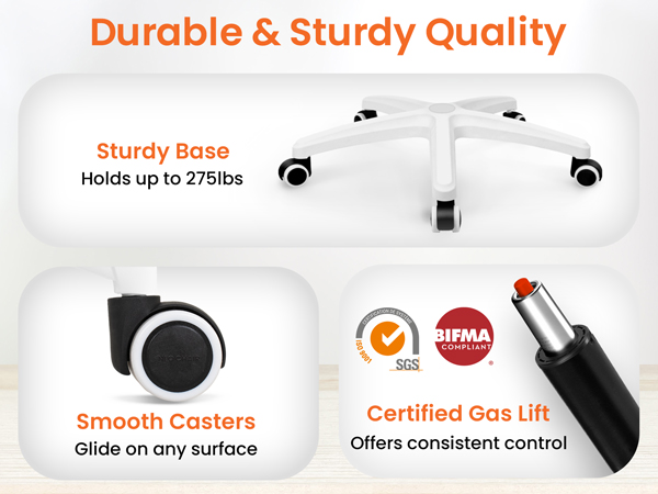 Rolling chair with sturdy base and durable wheels