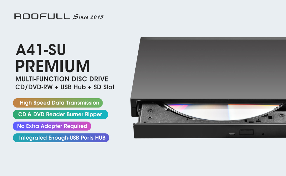 ROOFULL External CD DVD Drive USB 3.0 &amp; USB-C 2 USB Port and SD Card Slot for Windows
