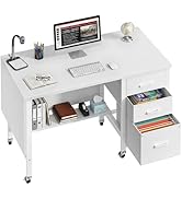 WINAZ Rolling Teacher Desk with File Drawers - 47 Inch Mobile Computer Desk with Privacy Panels &amp;...
