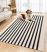 OLANLY Beige and Black Striped Rug 4' x 6' – Washable Cotton Doormat for Indoor Outdoor Use, Laye...