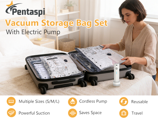 Vacuum Storage Bags with Electric Pump, Vacuum Seal Bags for Clothing Travel