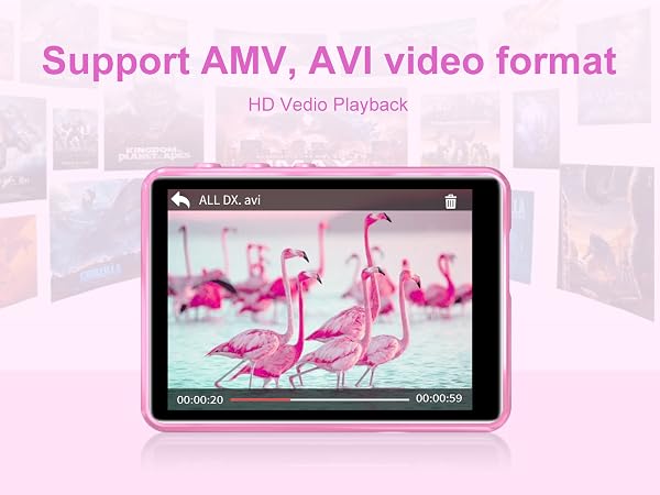 Pink-bordered media player interface showing flamingo video playback with "Support AMV, AVI video format" and "HD Video Playback" text. Device displays time counter and playback controls.