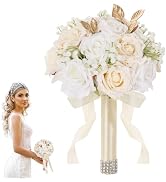 Qeedy Wedding Bouquets for Bride - Realistic Silk Flowers Artificial Roses, 9 Inch Bridesmaid Bou...