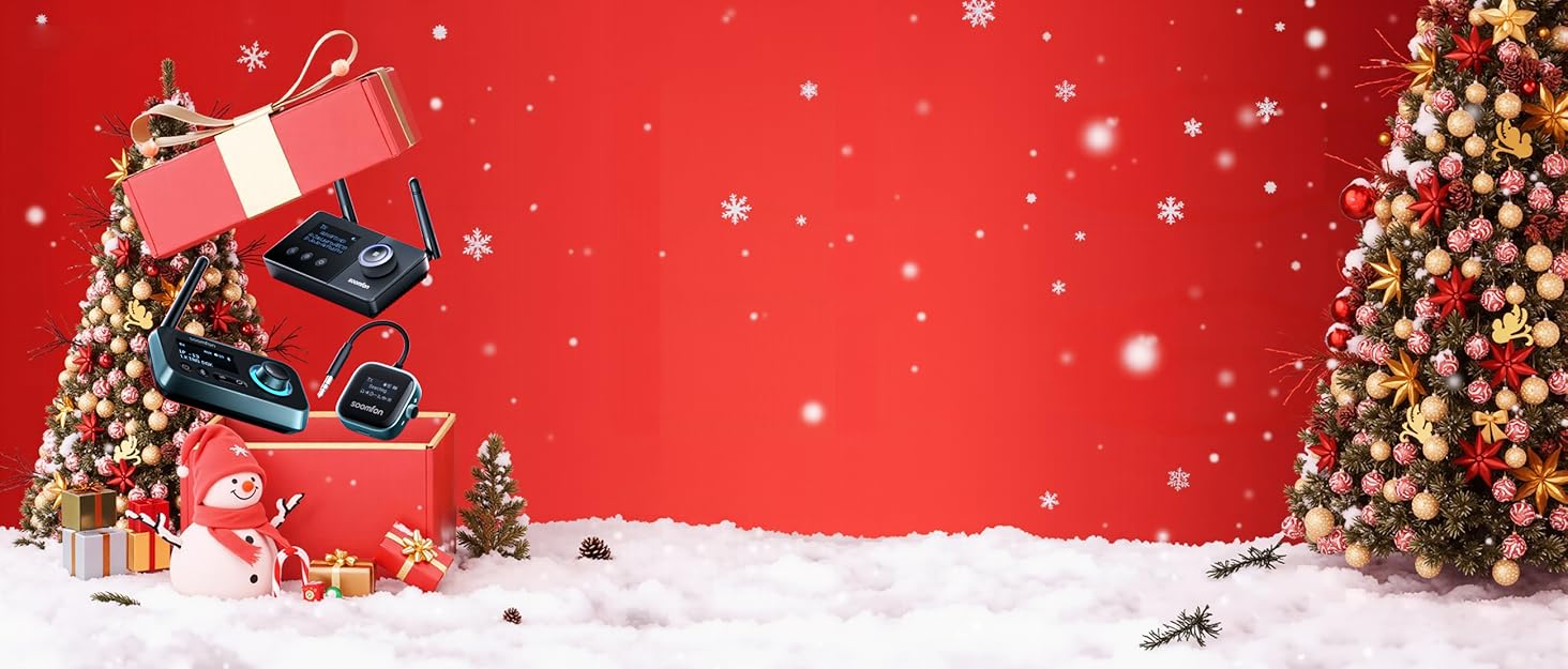 Holiday-themed backdrop with red background, scattered snowflakes, and decorative elements creating a festive winter scene.