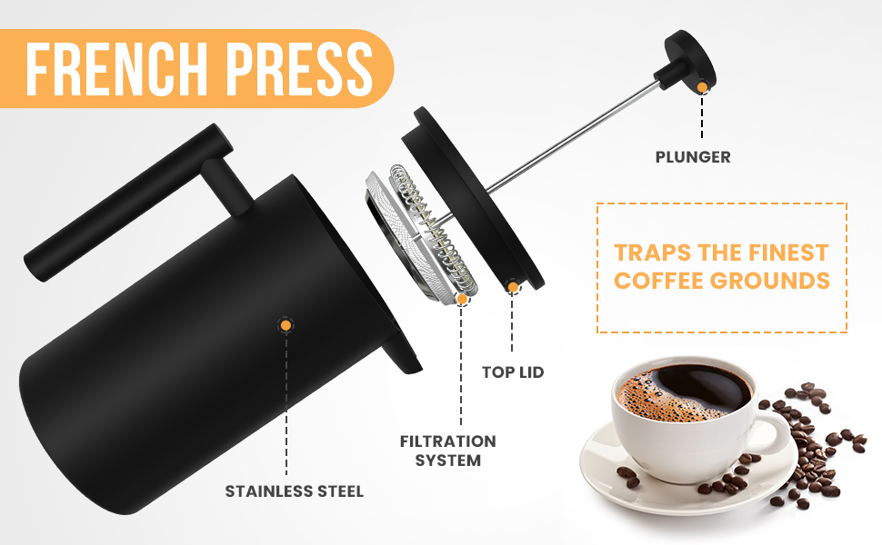 French press coffee maker, French Press stainless steel, 32 OZ French Press