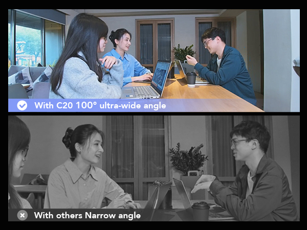 Split image comparing wide-angle (C20 100° ultra-wide) and narrow-angle views of people working at a table with laptops and phones.