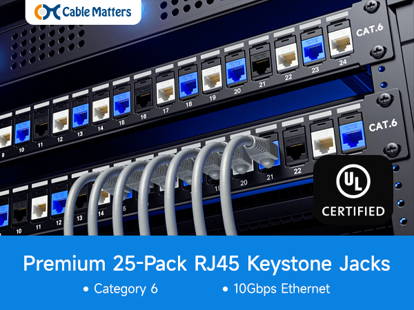 UL Listed 25-Pack 10Gbps Cat6 Keystone Jacks, RJ45 Keystone Jack, Ethernet Keystone Jack