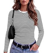 Zeagoo Women Casual Tops Striped Long Sleeve Shirts Ribbed Basic Tees Crewneck Business Work Shir...