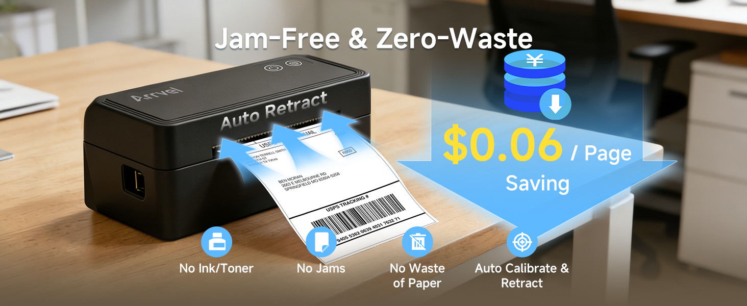 Arrvel A42BT thermal printer with auto retract and cost-saving features