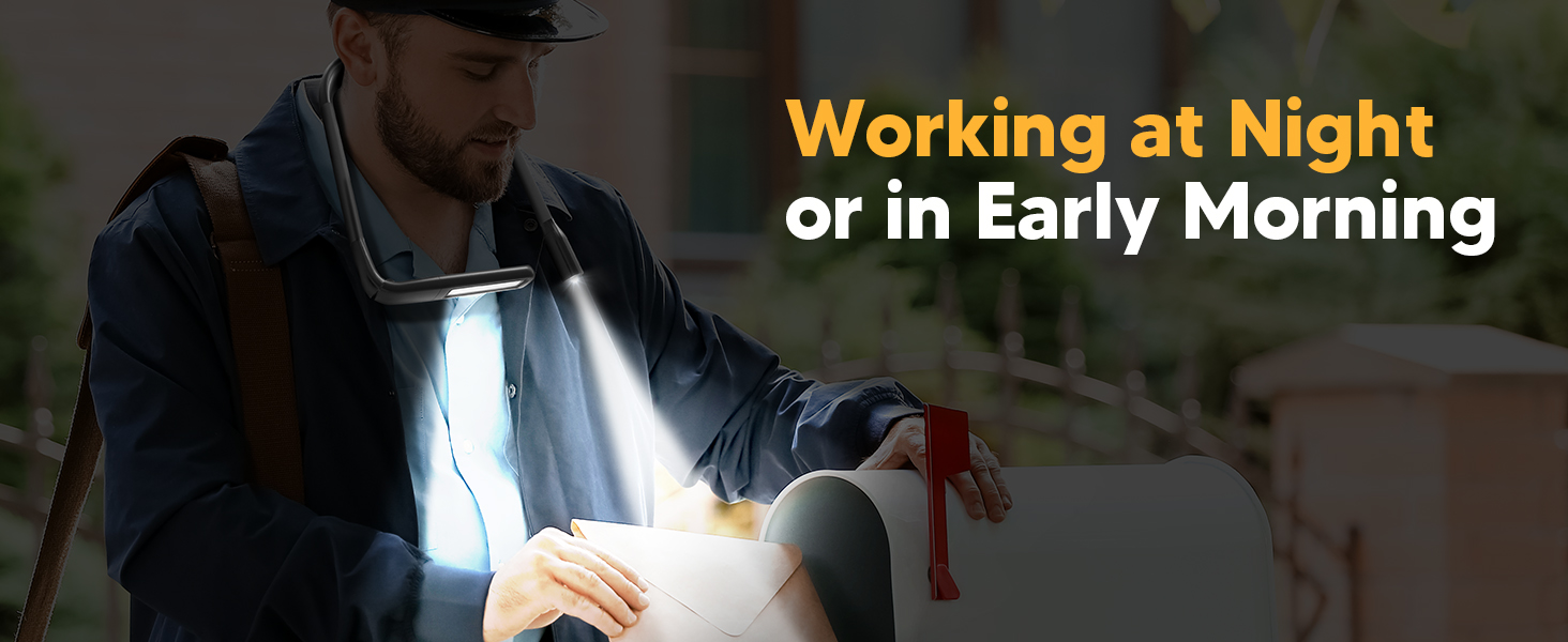 A mail carrier is delivering mail in the dark with the EastPin neck flashlight for illumination