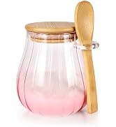 15 oz Pink Sugar Bowl with Bamboo Lid and Spoon,Pink Kitchen Decor and Accessories,Glass Jar with...