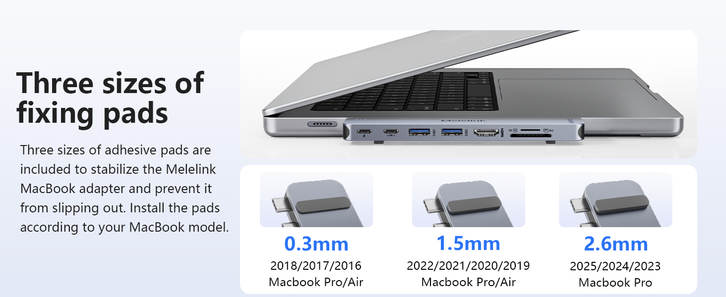 Text shows 'Three sizes of' with measurements '0.3mm', '1.5mm', '2.6mm'. Product display showing laptop stand with adjustable fixing pads and multiple USB ports.