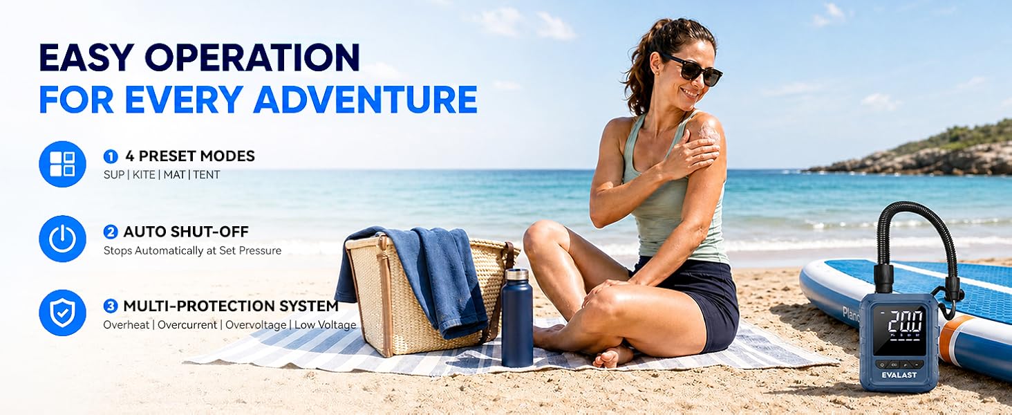 Woman relaxing on a beach beside an EVALAST electric SUP pump and inflatable paddle board.