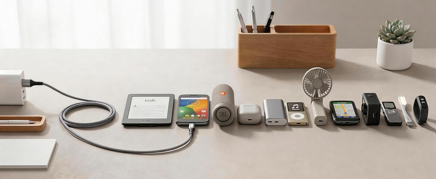 Universal Micro USB charger for Kindle, PS4 controller, Bluetooth speakers and Android phones.