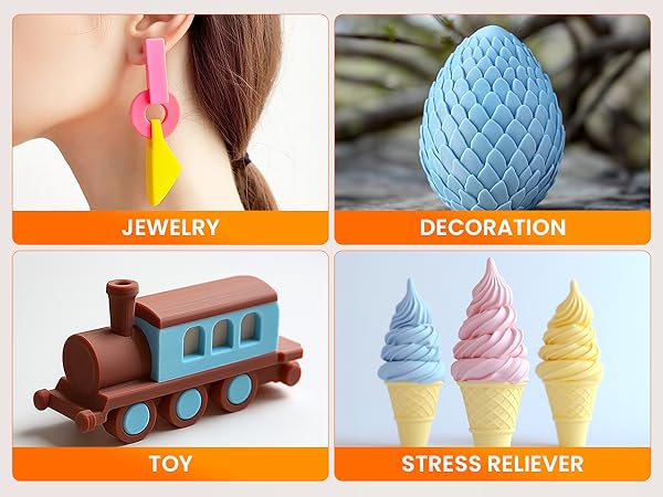 Composite image with four panels showing colorful earrings, blue textured egg decoration, wooden toy train, and soft foam ice cream cone stress relievers in pastel colors.