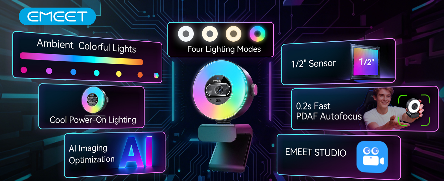 EMEET S600L 4K Webcam for Streaming with Ring Light