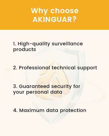 Marketing infographic showing four key benefits of Akinguar: high-quality surveillance products, professional technical support, guaranteed security, and maximum data protection.