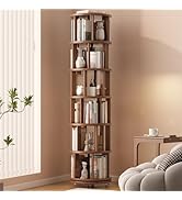 Muwuele Solid Wood Rotating Bookshelf on Wheels, 6 Tier, Round Revolving Bookcase, 360° Spinning ...